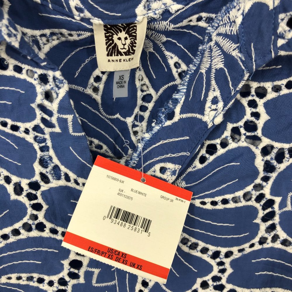 Anne Klein Top Size XS Womens Blue White Floral Eyelet Embroidered Cotton Tank T - Picture 5 of 9